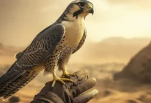 صقر يقف على يد مدربه خلال فعالية مشتركة بين نادي الصقور السعودي ومهرجان الملك عبدالعزيز للإبل، تجسيدًا لتراث الصقارة والإبل في السعودية.